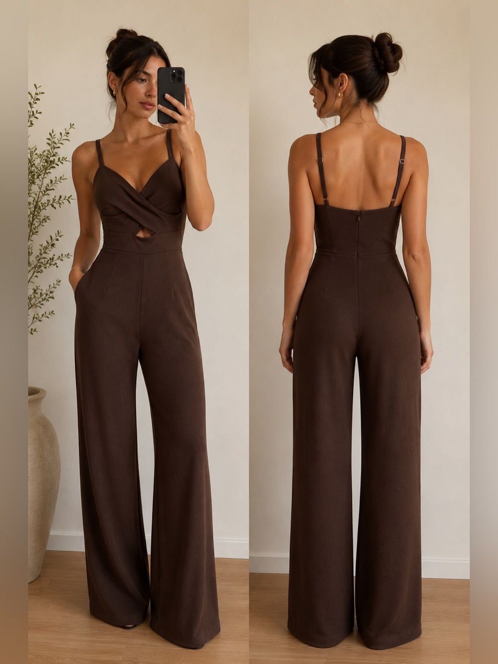 Streetwear Society Chocolate Brown Wide Leg Jumpsuit Size L Cutout Detail